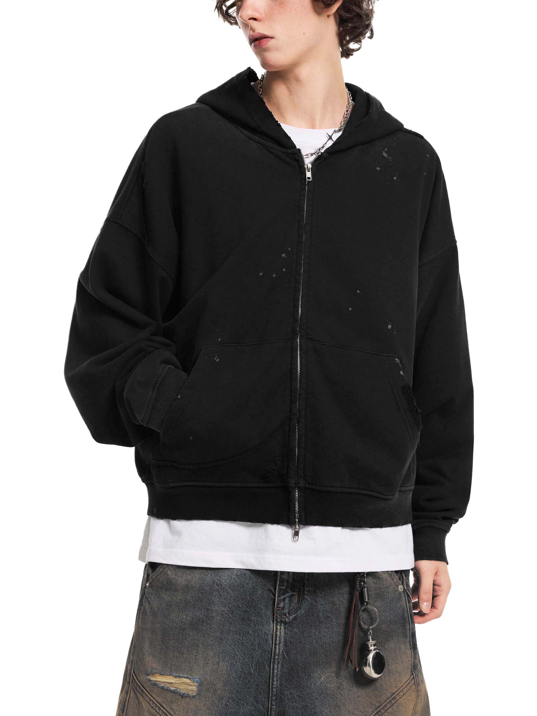 4leafclover Raw Edge Fleece Zip Hoodie